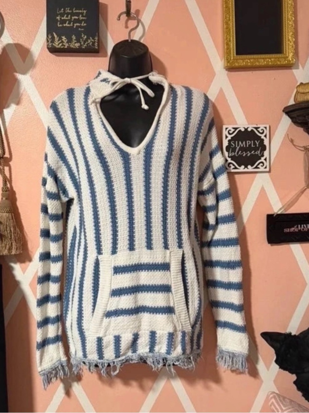 Elan Cream and Pale Blue Crochet Fringe Sweater